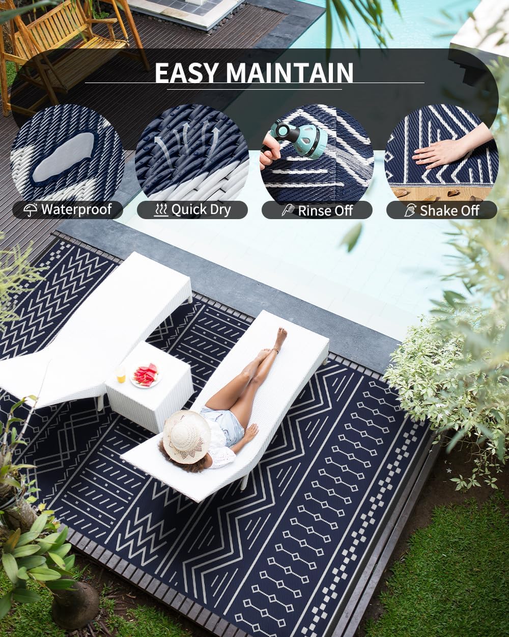 Outdoor Rug Carpet Waterproof 8x10 ft Patio Rug Mat Indoor Outdoor Area Rug for RV Camping Picnic Reversible Lightweight Plastic Straw Outside Rug for Patio Decor Decoration Boho Rug Navy Blue White