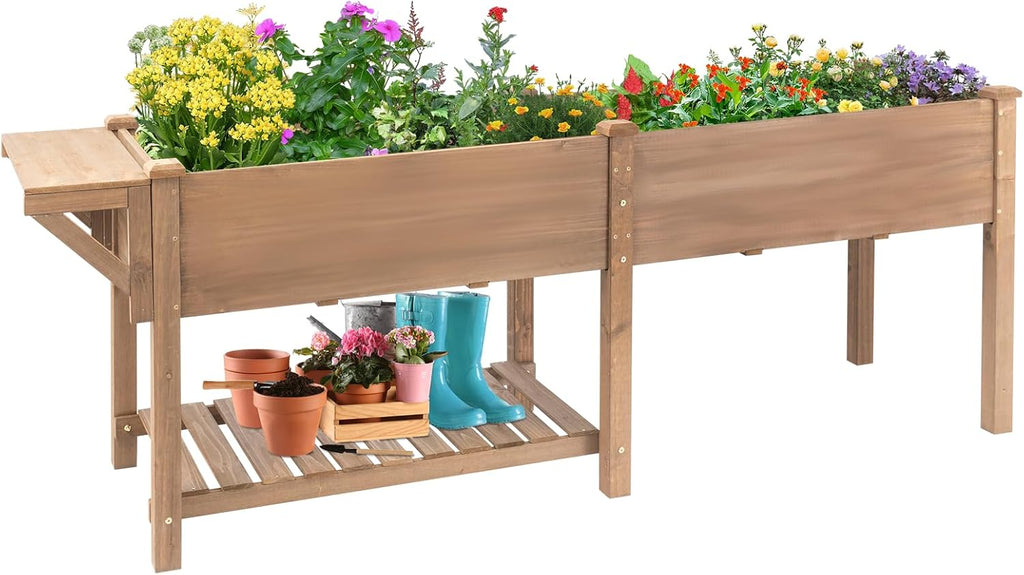 Raised Garden Bed Outdoor with Legs, 81"x 23" x 31" Elevated Wood Planter Box Stand for Backyard Patio, Garden Flower Beds with Liner Hooks Divider Panel Drainage Holes, Gift for Gardening, Brown