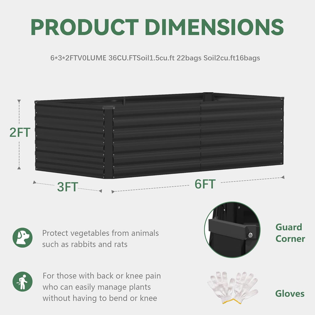 FOOWIN 2pcs 6x3x2ft Galvanized Raised Garden Bed, Planter Raised Garden Boxes Outdoor, Large Metal Raised Beds for Gardening, Garden Bed for Vegetables, Flowers, Herb,269 Gallon Capacity, Black