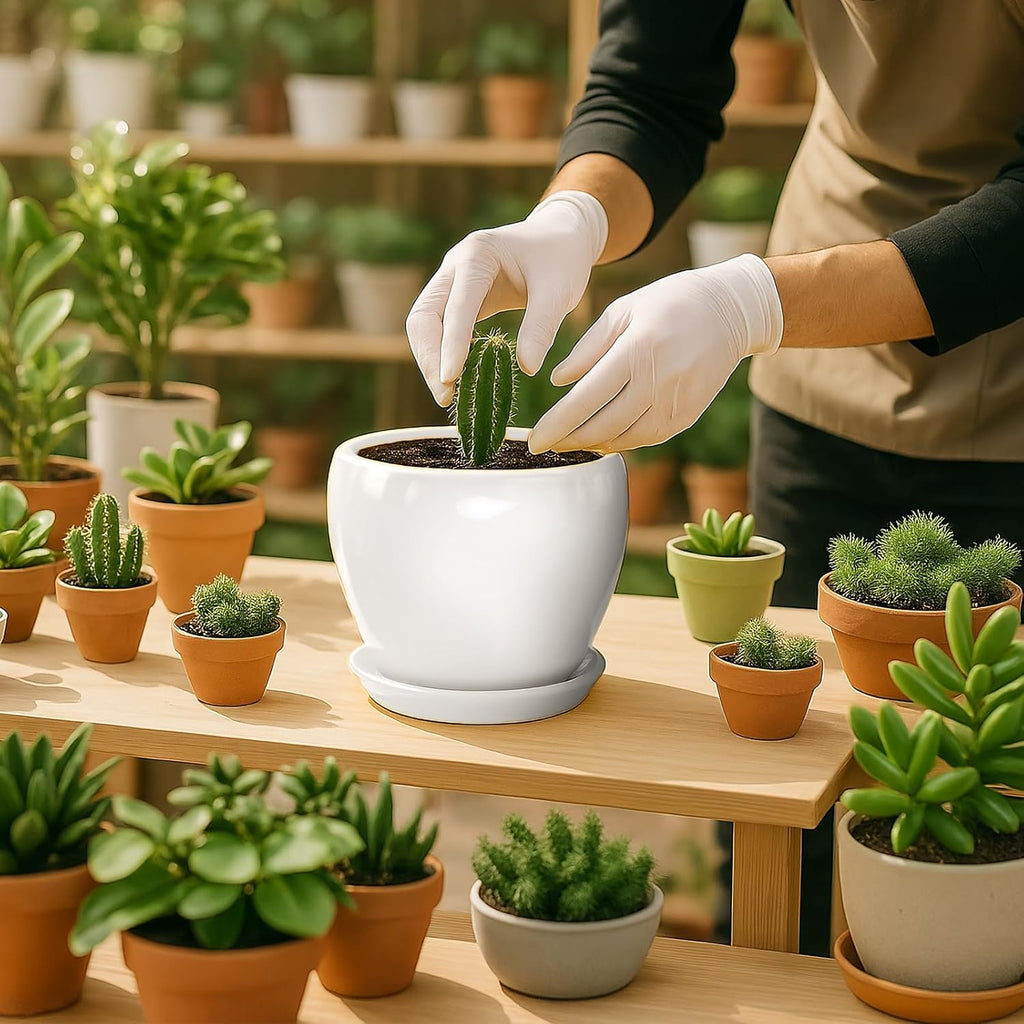 Deep Dream 6 Inch Plant Pot - Ceramic Planter with Drainage Hole and Trays, Modern Round Flower Pot, Planters for Indoor Outdoor Plants, Home Garden Decor, White