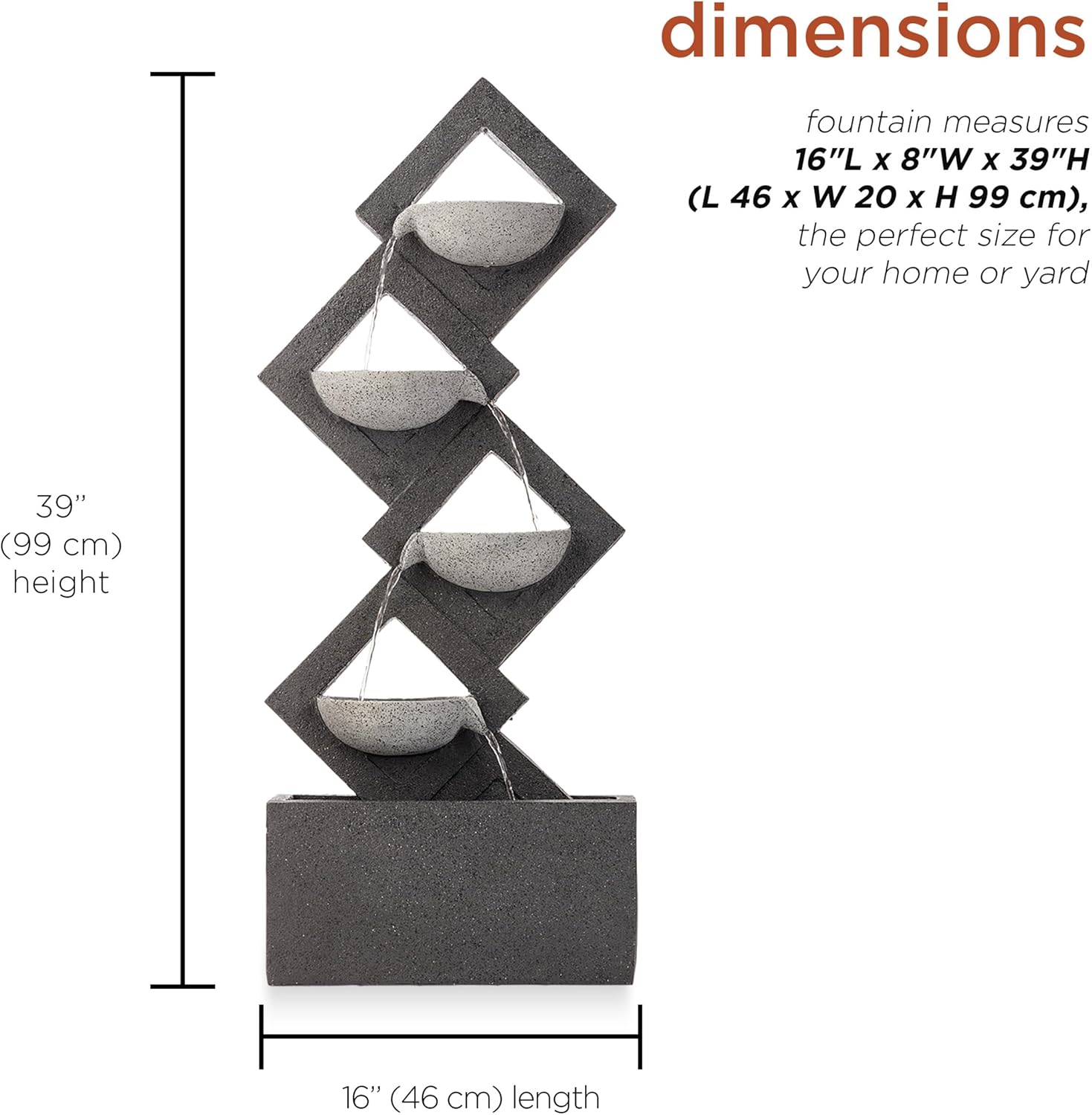 Alpine Corporation GIL1642 Outdoor Floor 4-Tiered Stone-Inspired Waterfall Fountain with LED Lights, 39", Gray