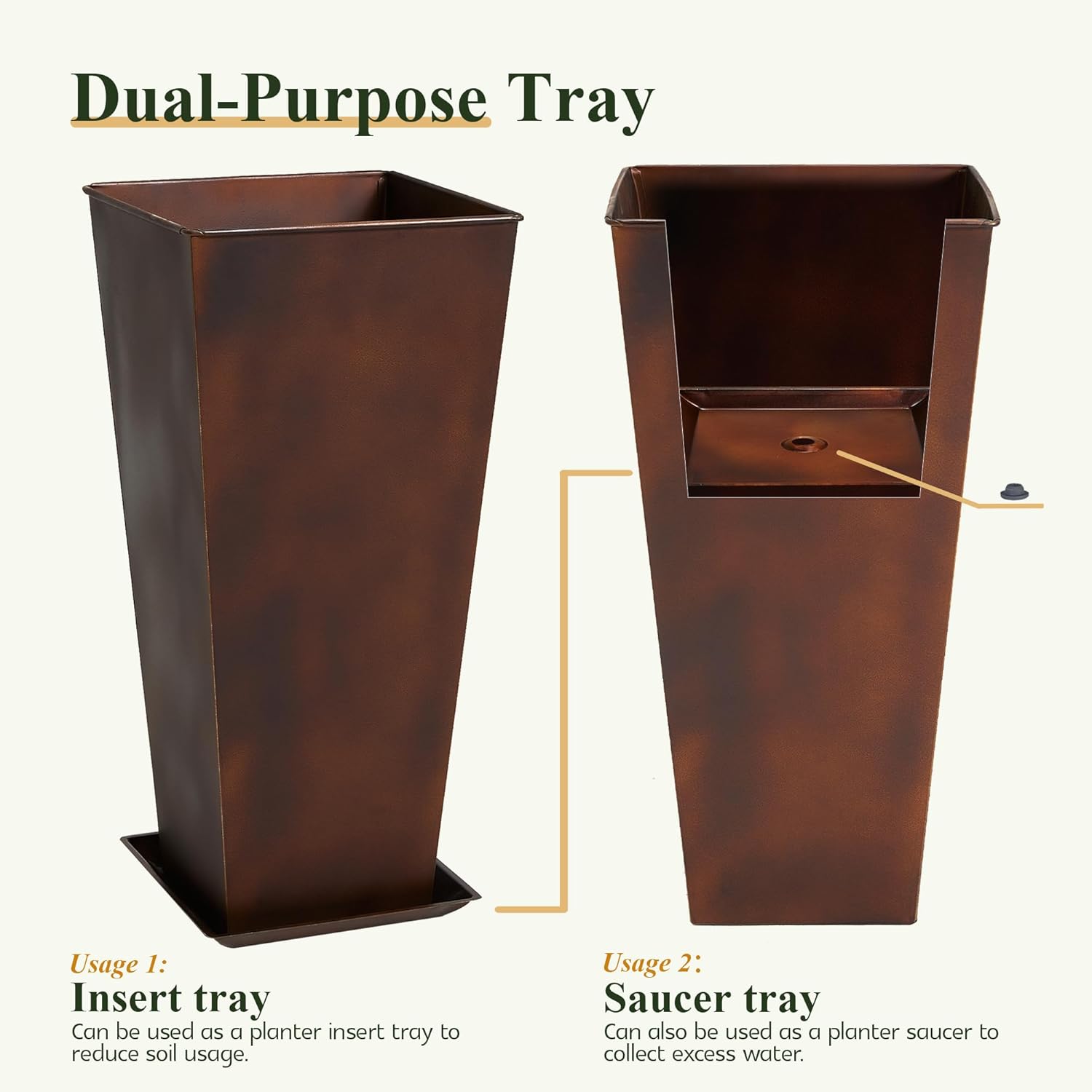 Worth Garden 12" Dia x 25" H Large Metal Planter Set of 2, Matte Bronze Retro Finish Tall Square Tapered Steel Plant Pots, Decor Flower Pot Indoor & Outdoor, Drainage Hole & Dual-Purpose Plant Saucer