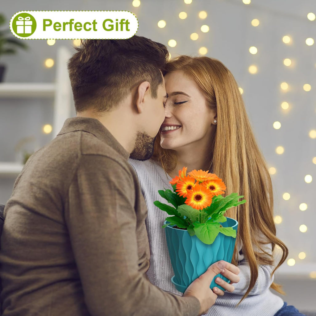 6 inch Flower Pots, 5 Pack Plant Pots for Indoor Plants, Water Ripples Plastic Planters with Drainage Holes and Saucers, Nursery Pots for Small Succulent Garden House Plants, Blue Green