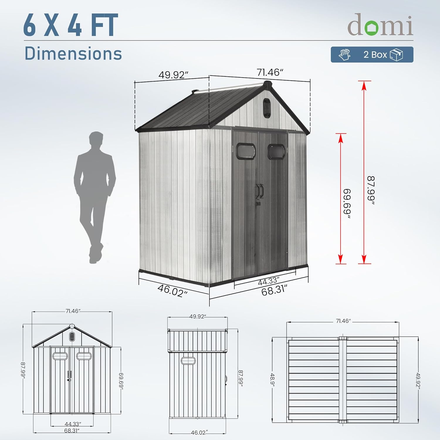 Domi 6x4 FT Outdoor Resin Storage Shed, All-Weather Double-Wall Storage Building for Backyard, Garden, Lawn Tools, Mower, Bike & Pool Equipment, Lockable Doors, Ventilated Roof, Grey