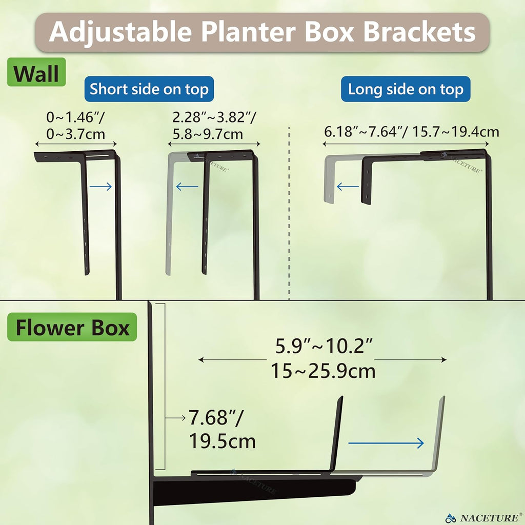 Window Box Brackets for Railing- 2 Pcs Adjustable Planter - Sturdy, Stable Flower Box Brackets for Railings, Balconies and Fences- Upright Railing Plant Holder (Black 2 Pack)