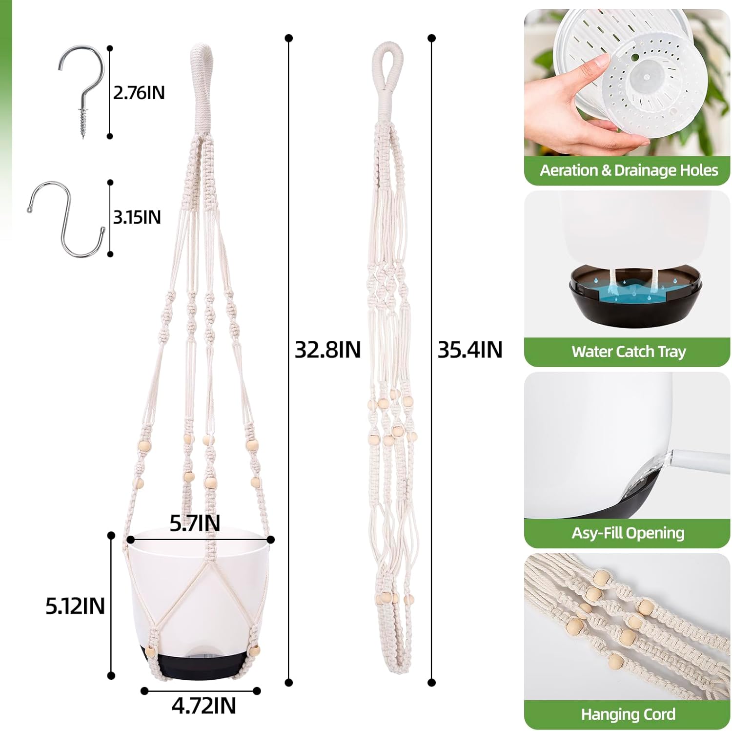 2-Pack Self-Watering Hanging Planters for Indoor & Outdoor Plants,34-Inch macrame hanger plant pots indoor with drainage,5.7-Inch Small Hanging Planters & Baskets in Black,With two sets of hooks