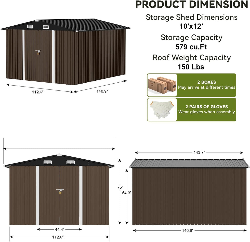 COMHOMA Shed Outdoor Storage Shed Metal,Lockable Doors Tool Sheds with Sloping Roof,Steel Garden Shed with Air Vent for Backyard,Patio,Lawn,Poolside (Brown, 10'*12')
