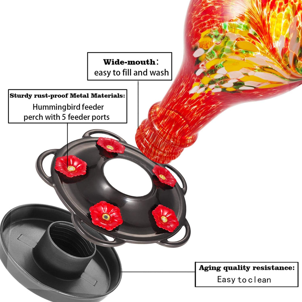 LUJII Hummingbird Feeders for Outdoors, Hand Blown Glass, Never Fade, 36 Fluid Ounces, 5 Feeding Stations, Much Bigger, Garden Backyard Decorative, Containing Ant Moat (Red)