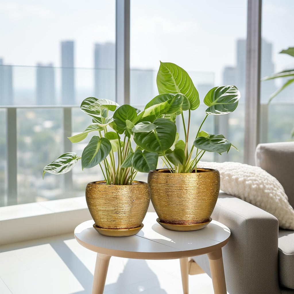 Flower Pots for Indoor & Outdoor Plants - Ceramic Pots 10 Inch, 8 Inch, 6 Inch with Drainage Holes, Saucers - Decorative Large Planters Set of 3 Gold