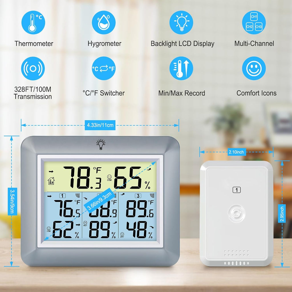 Urageuxy Weather Station Wireless Indoor Outdoor Thermometer with 3 Sensors, Remote Temperature Monitor with Humidity for Home, Baby Nursery, Room, Attic, Patio, Grey