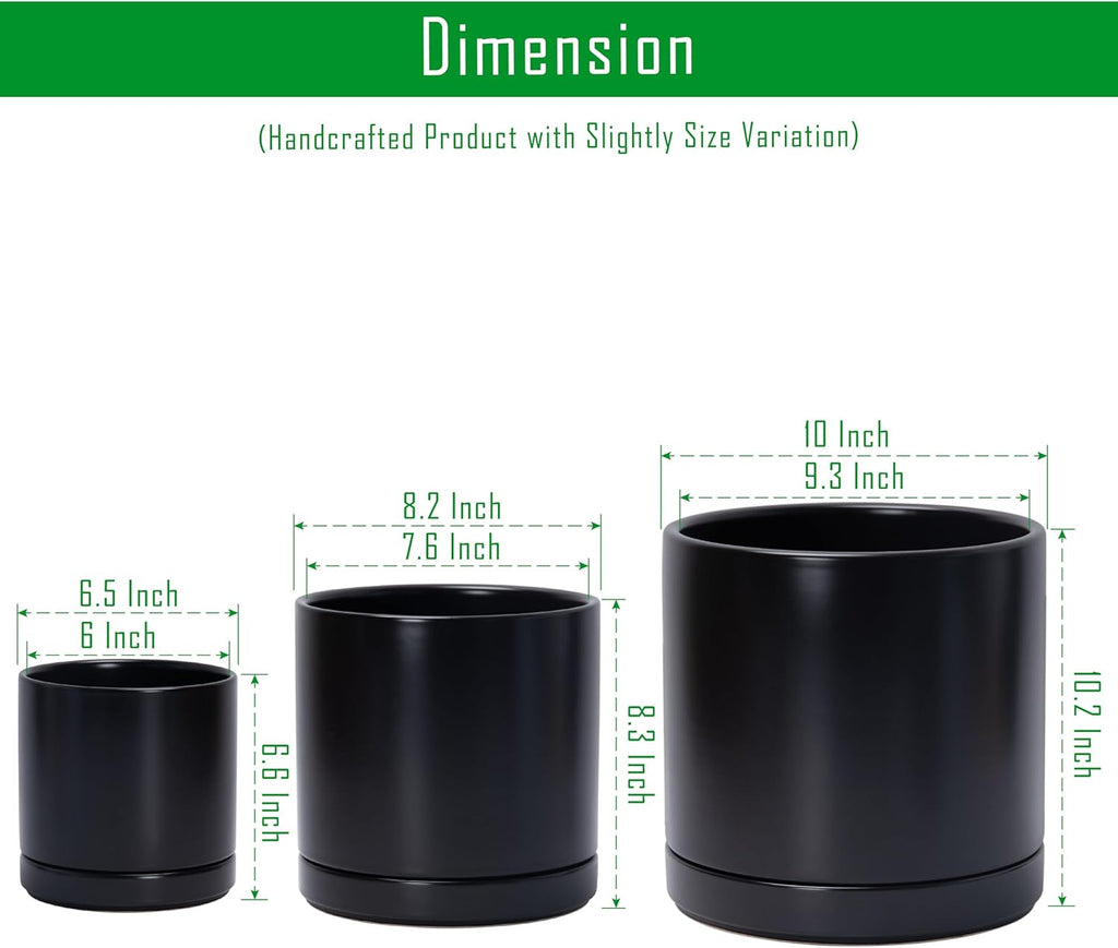 D'vine Dev 6 Inch & 8 Inch & 10 Inch, Set of 3 Round Ceramic Planter Pot with Drainage Hole and Saucer, Black, 94-T-L-2