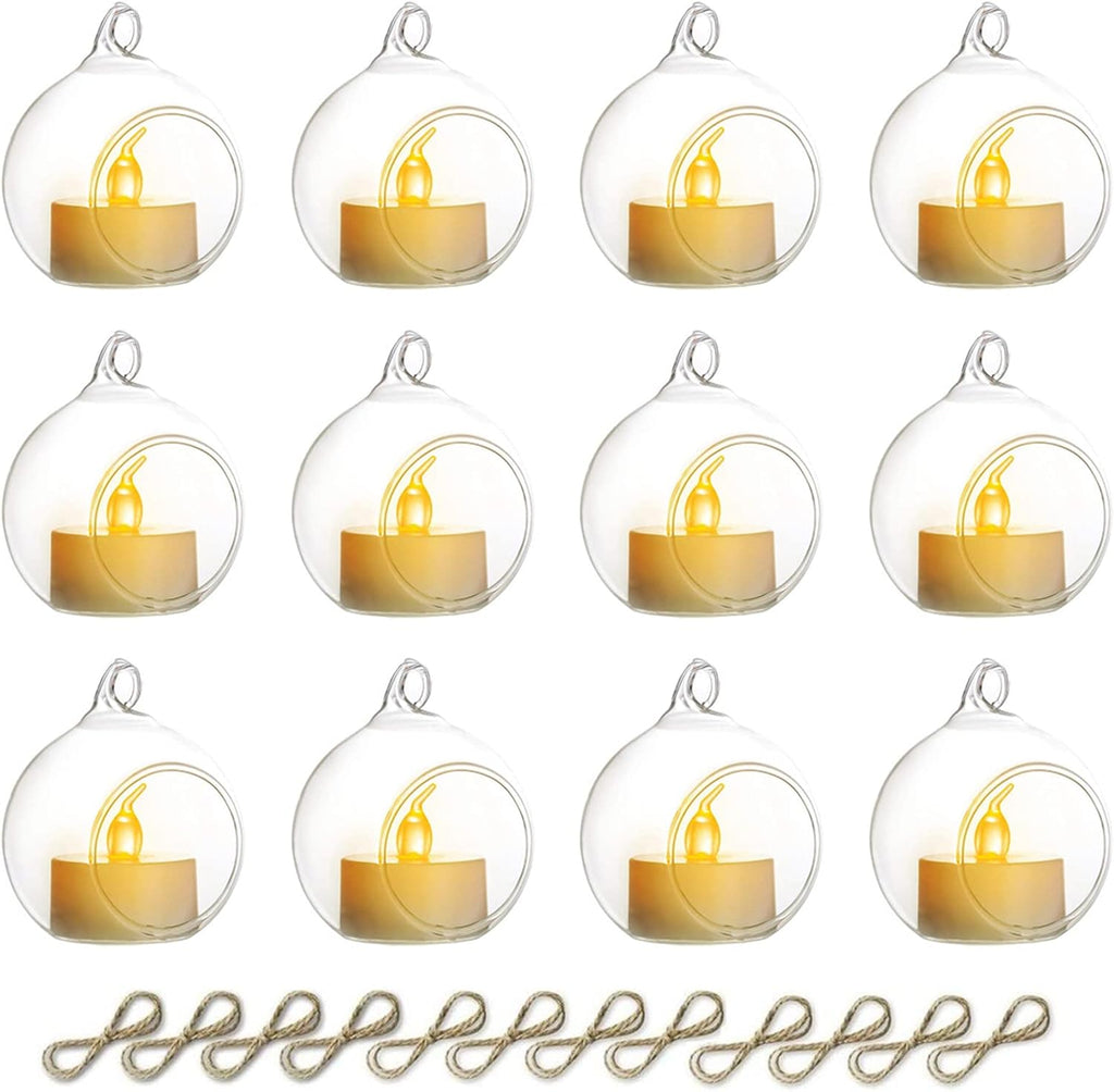 NUPTIO Hanging Glass Globe with Candles: Set of 12 Tealight Candle Holders with LED Tea Lights - 2.36 inch Bulk Clear Votive Candleholders for Party Wedding Birthday Shower Celebration Tree Decoration