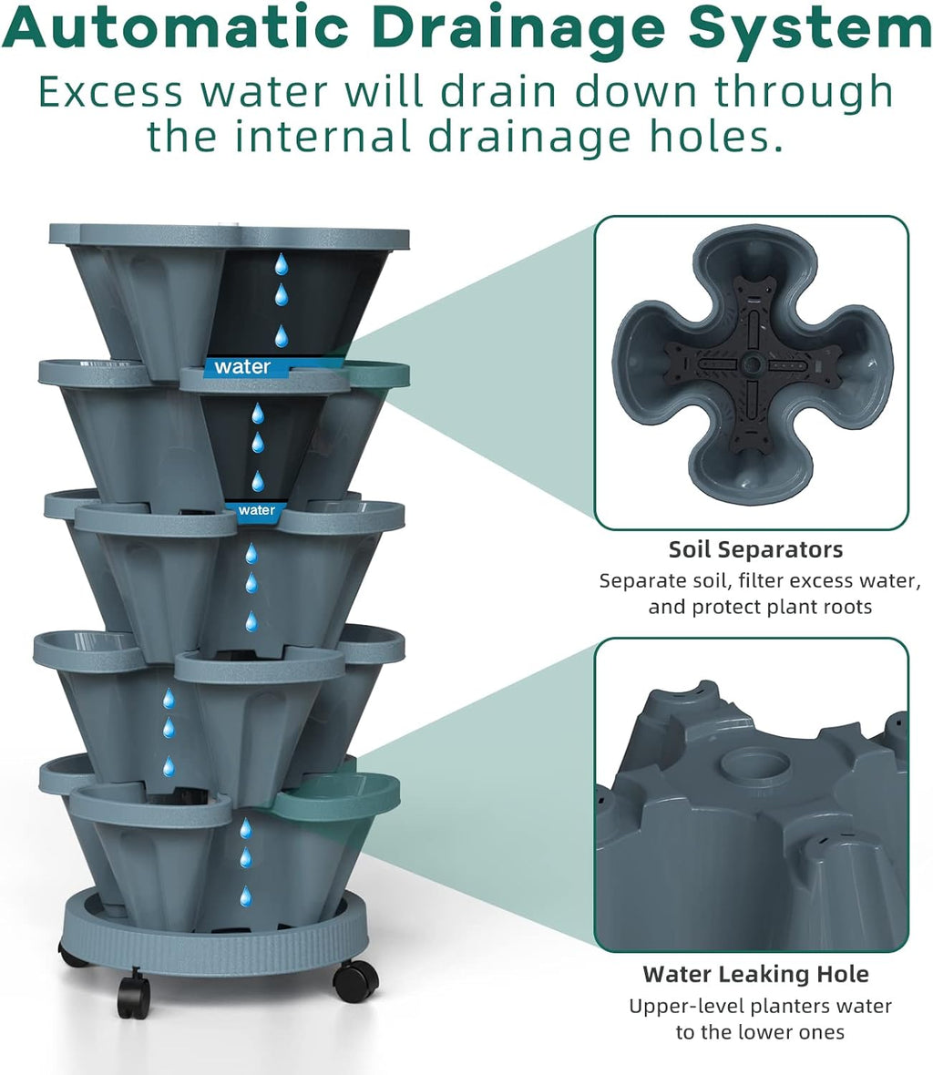 Strawberry Vertical Planters Tower Garden, 5 Tiered Stacking Planter with Support Pole, Stackable Herb Vegetable Planters Indoor and Outdoor - Dark Grey
