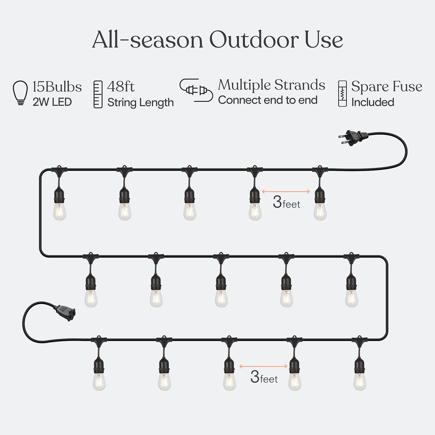 Brightech Ambience Pro - Waterproof LED Outdoor String Lights - 15 Hanging, Dimmable 2W Vintage Edison Bulbs - 48 Ft Commercial Grade Patio Lights Create Cafe Ambience in Your Backyard