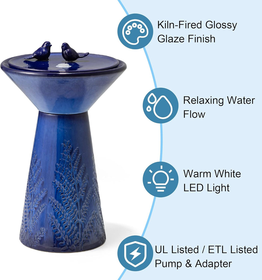 Glitzhome 27.5"H Outdoor Garden Water Fountain with LED Lights and Pump, Cobalt Blue Two Birds Embossed Plant Pattern Pedestal Ceramic Floor-Standing Fountain for Porch Deck Patio Backyard Decoration