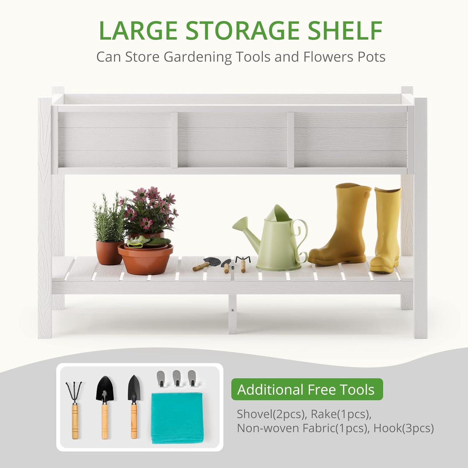 LUE BONA Raised Garden Bed with Tools, 47*18*29 in, Poly Elevated Planter Box with Legs And Storage Shelf, Weather Resistant, 3-Year Warranty, Standing Growing Bed Herb Planter for Vegetable, White