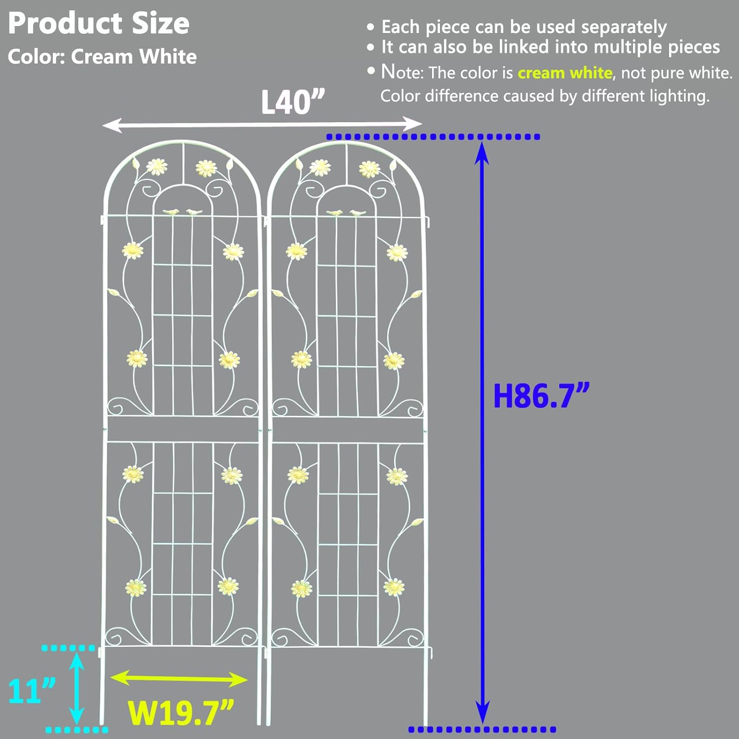 2 Pack Metal Garden Trellis 86.7" H Garden Fence Rustproof Trellis Cream White for Climbing Plants Support Roses Flower Cucumber Outdoor Lawn, Cream White