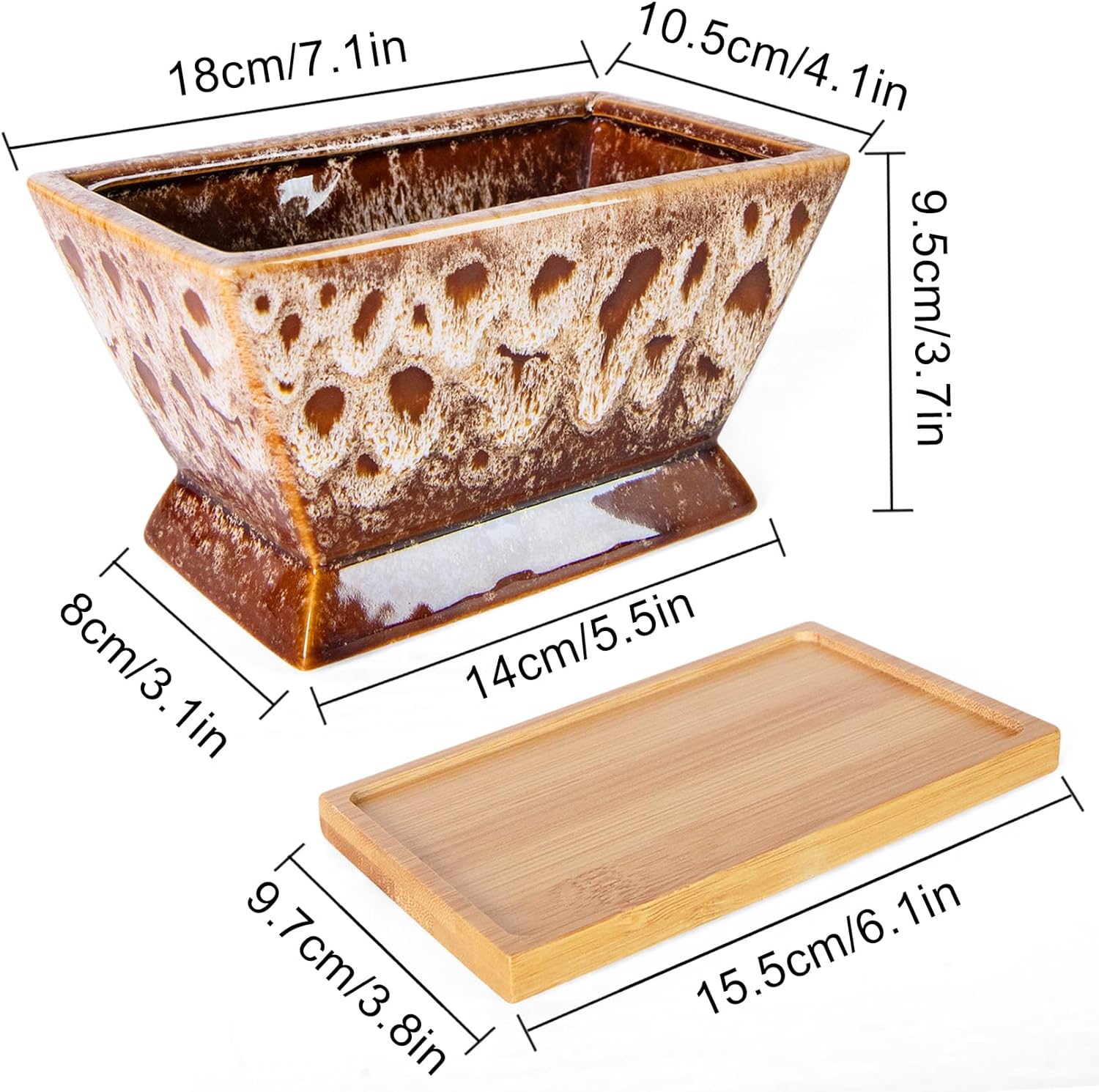 ARTKETTY Succulent Pots - 7 Inch Large Plant Pot with Drainage Tray, Shallow Ceramic Pots for Indoor Plants, Modern Cactus Bonsai Plant Container Decorative Home Office