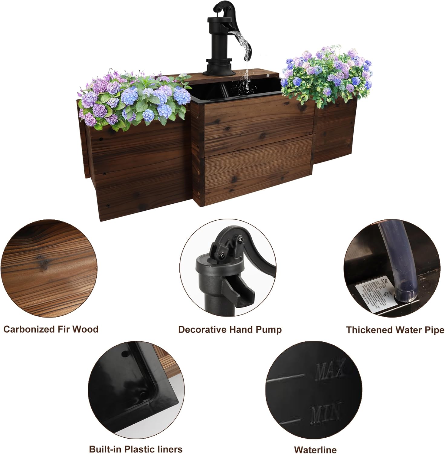 Outdoor Floor Wooden Rectangular Pump Water Fountain,Old-Fashioned Fountain with Flower Box,Electric Decorative Hand Pump, Outdoor Water Feature for Garden Patio Backyard