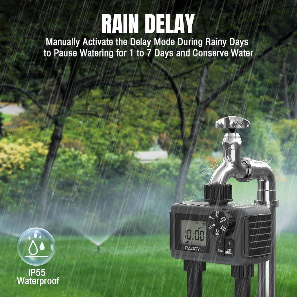 Raddy WS-5 Sprinkler Timer 2 Zone, Programmable Water Hose Timer 2 Outlet for Garden, Outdoor Automatic Irrigation System IP55 Waterproof with Rain Delay/Manual for Lawn, Yard, Pool