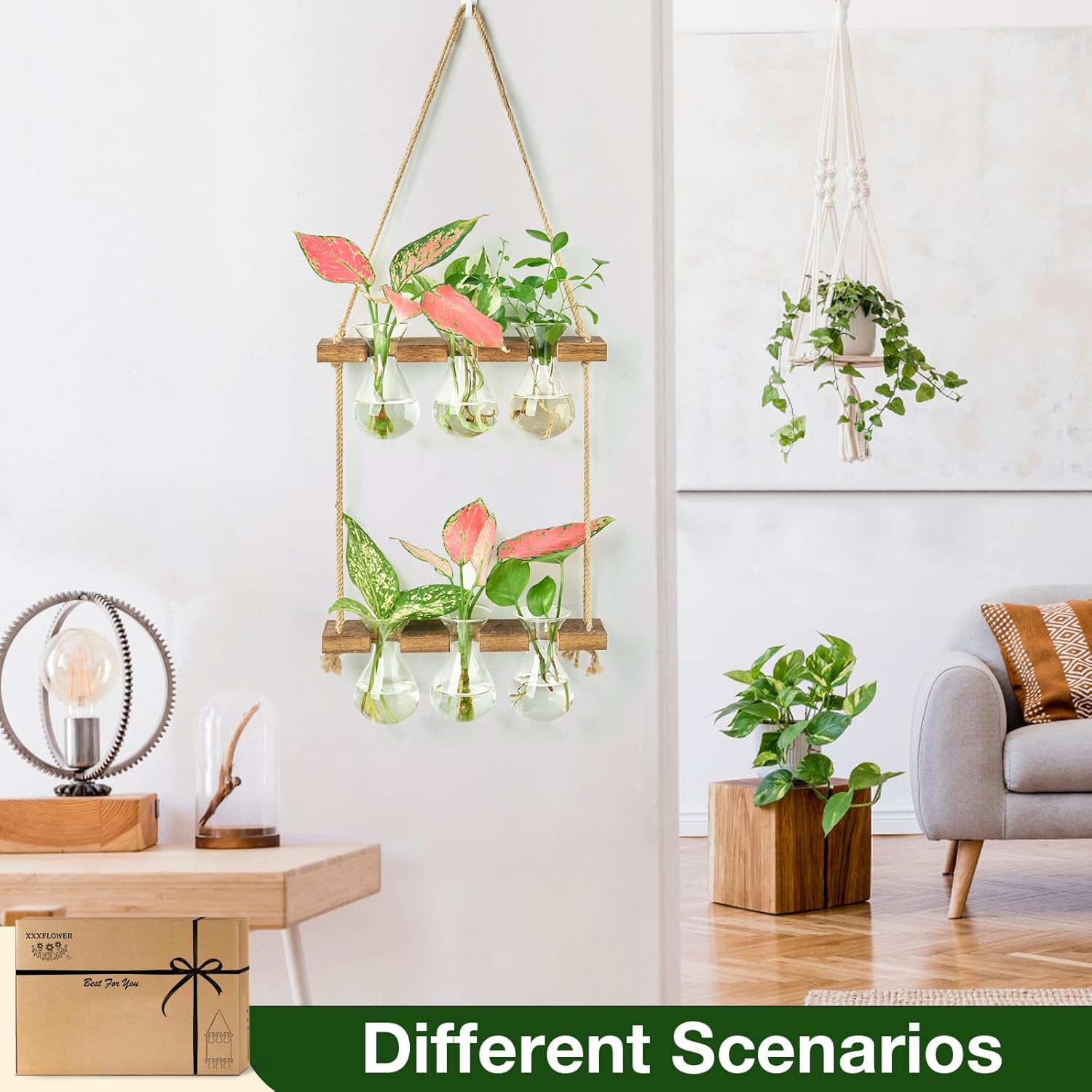 XXXFLOWER Wall Hanging Propagation Station with Wooden Stand 3 Bulb Vase 2 Tiered Planters Wall Terrarium for Home Office Plant Hanger Flower Vases Wall Decor(Brown)