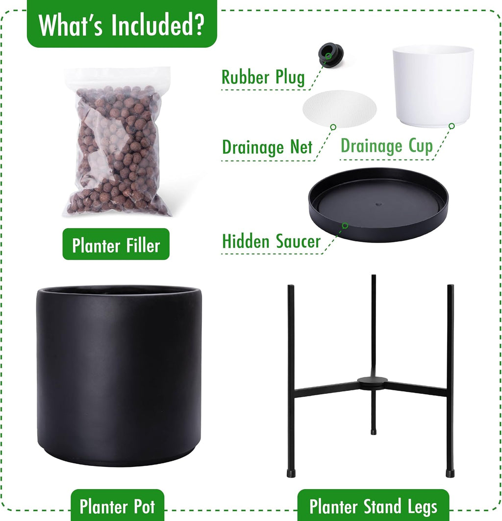 D'vine Dev Modern Black Plants Pot Cylinder Planter with Heavy Duty Stand, Medium 10 Inch Pot, 16.3 Inch with Stand Height, 96-T-B-2
