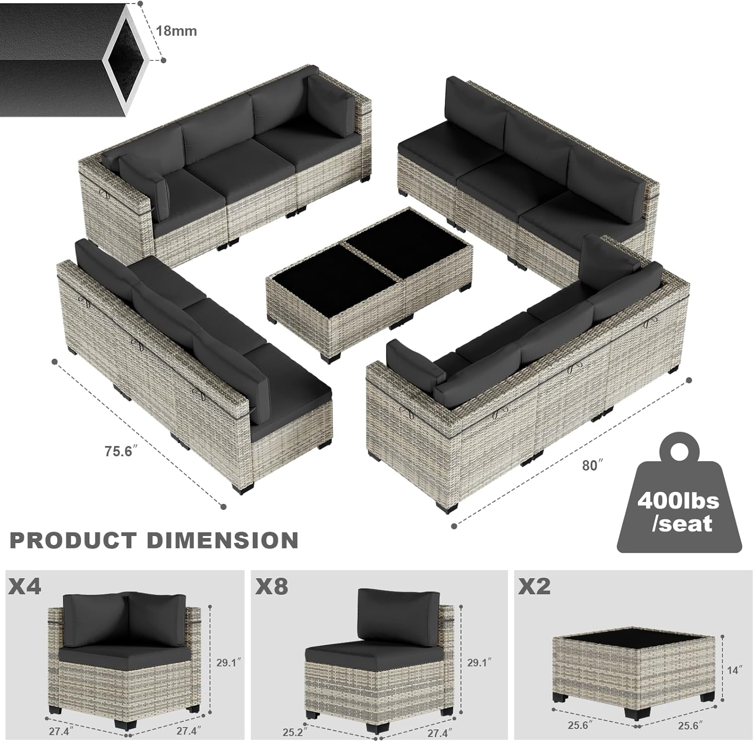 14-Piece Patio Furniture Set, Outdoor Sectional with Thick Cushions, Modular Patio Sofa, Dual-Strand Wicker Rattan, Rust-Resistant Frame, Backyard Furniture for Garden, Deck, Black