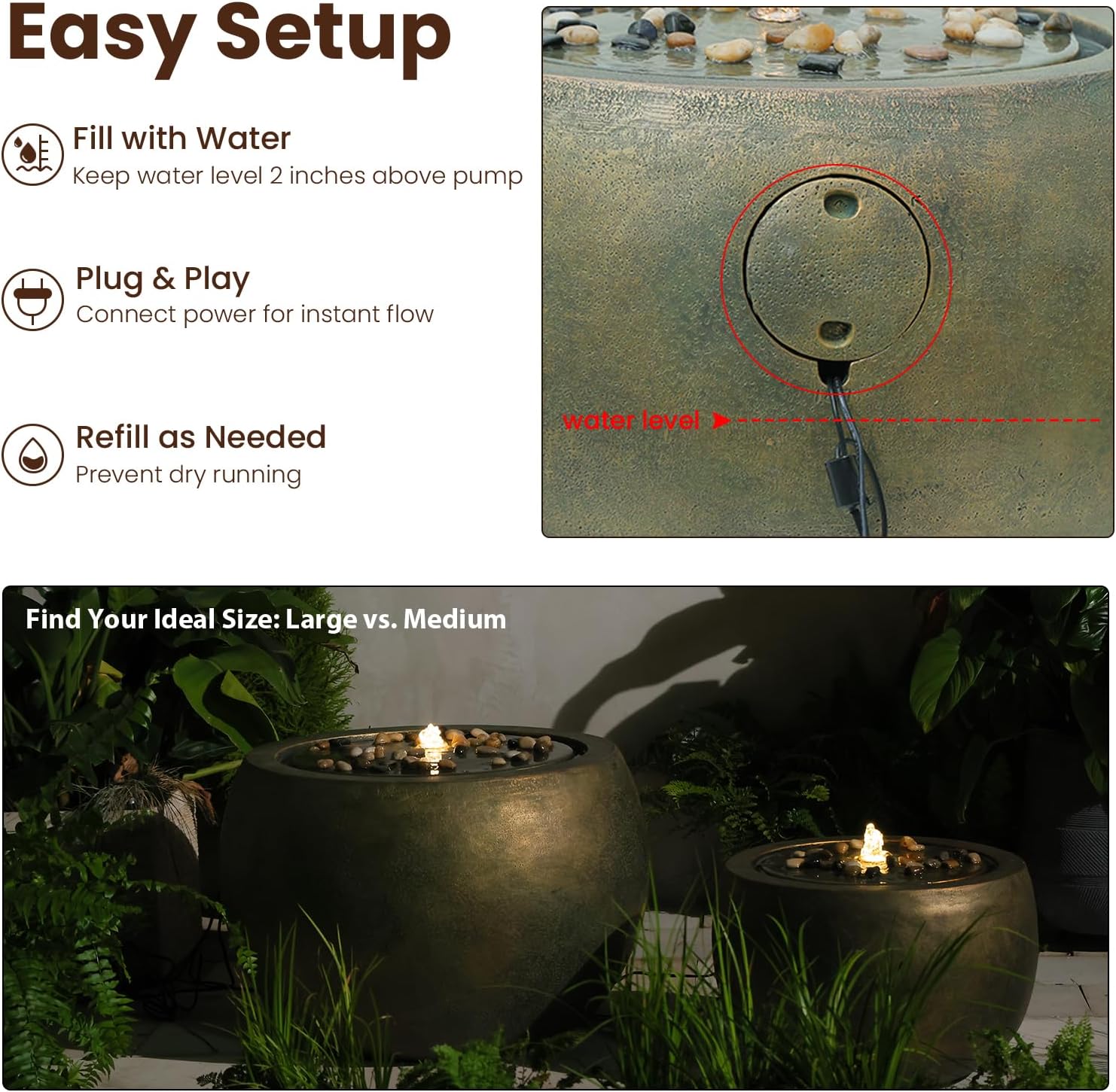 Garden Water Fountain Outdoor Bubbler Water Feature Indoor with Lights & Pump and Pebbles Waterfall Fountains Concrete Effect for Patio Deck Yard Home Decor Gold, 18 "L x 18" W x 11.5" H