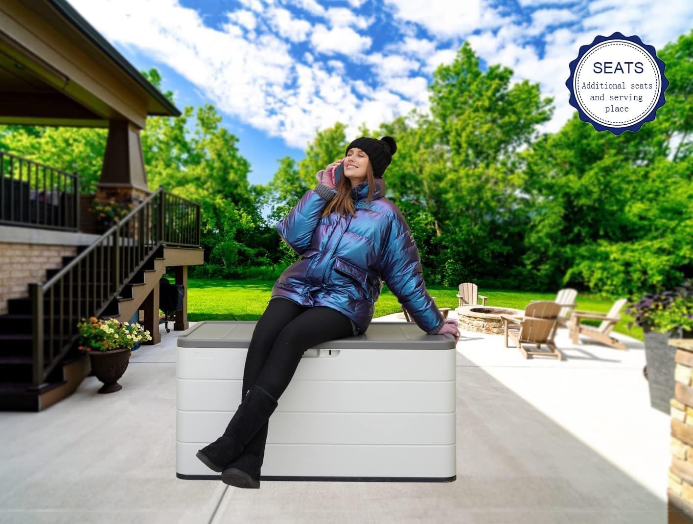 100 GAL Resin Deck Box - Lockable Waterproof Outdoor Storage Bench for Patio Cushions, Garden Tools & Pool Accessories - Wood-Look Texture, White