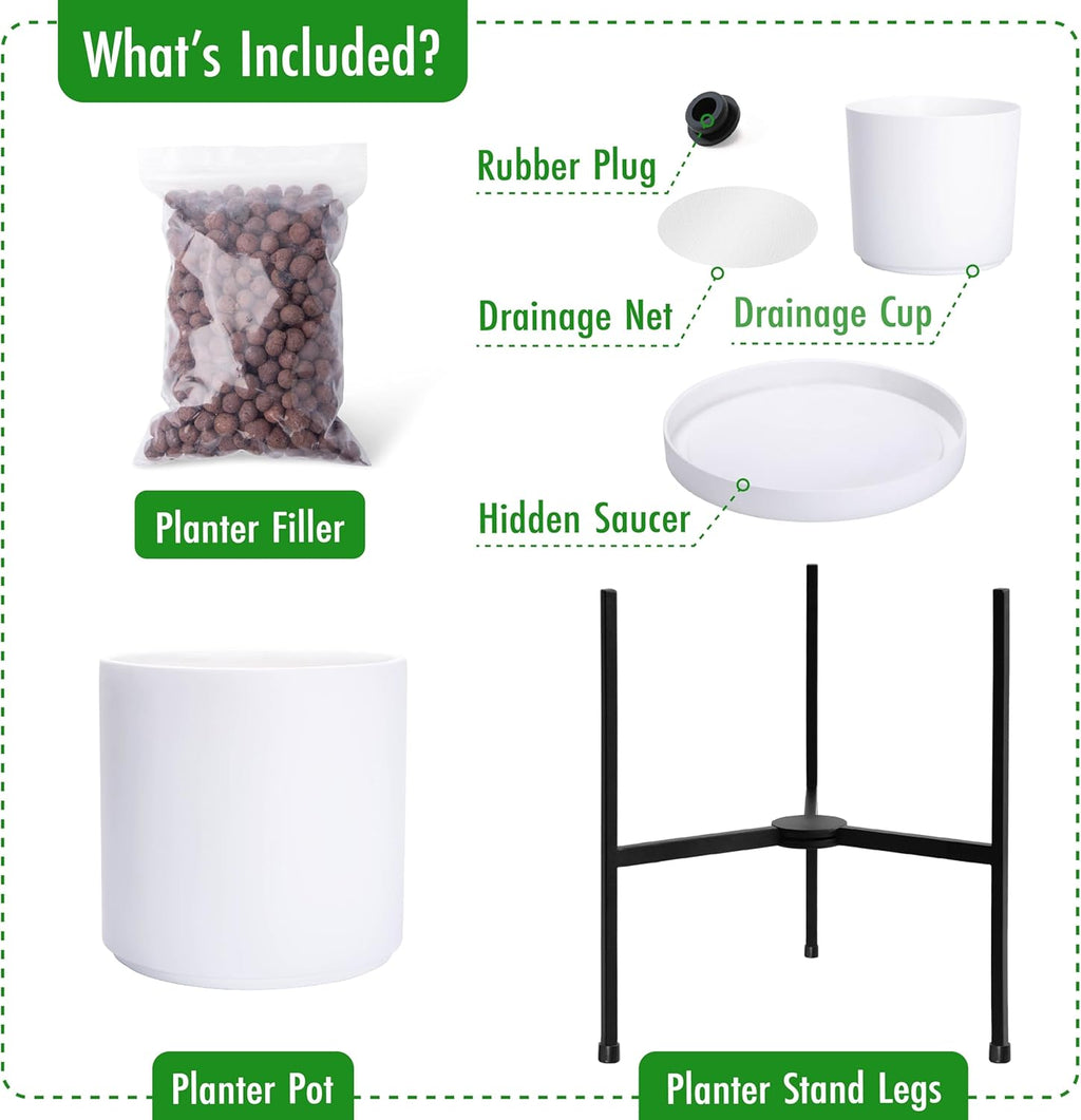 D'vine Dev Modern White Plants Pot Cylinder Planter with Heavy Duty Stand, Small 8 Inch Pot, 15 Inch with Stand Height, 96-T-A-1