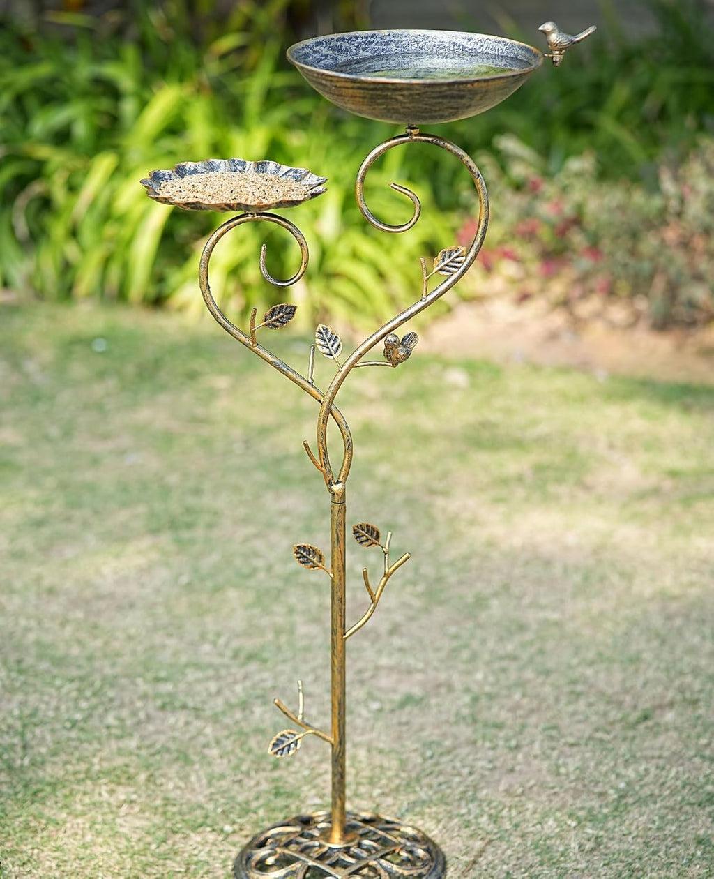 37" H Cast Iron Pedestal Bird Bath, 2 in1 Bird Baths for Outdoors/Metal Bird Feeder Bowl Tray,Vintage Metal Bird Bath Garden Yard Decor