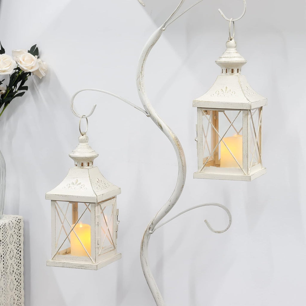 TRIROCKS Set of 2 Decorative Candle Lantern 11'' High Metal Candle Holder Hanging Lantern Perfect for Home Decor Halloween Living Room Parties Events Tabletop Indoors Outdoors (White with Gold Brush)