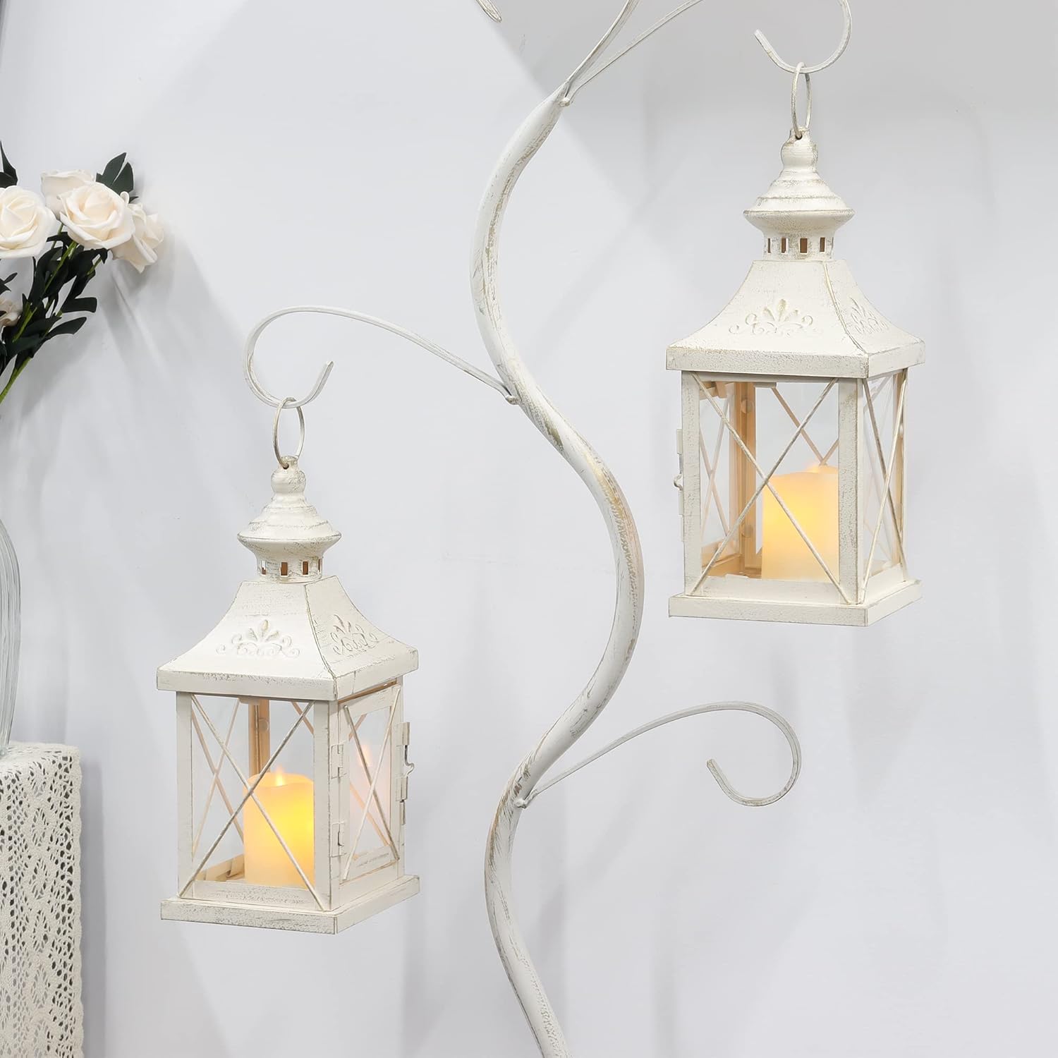 TRIROCKS Set of 2 Decorative Candle Lantern 11'' High Metal Candle Holder Hanging Lantern Perfect for Home Decor Halloween Living Room Parties Events Tabletop Indoors Outdoors (White with Gold Brush)