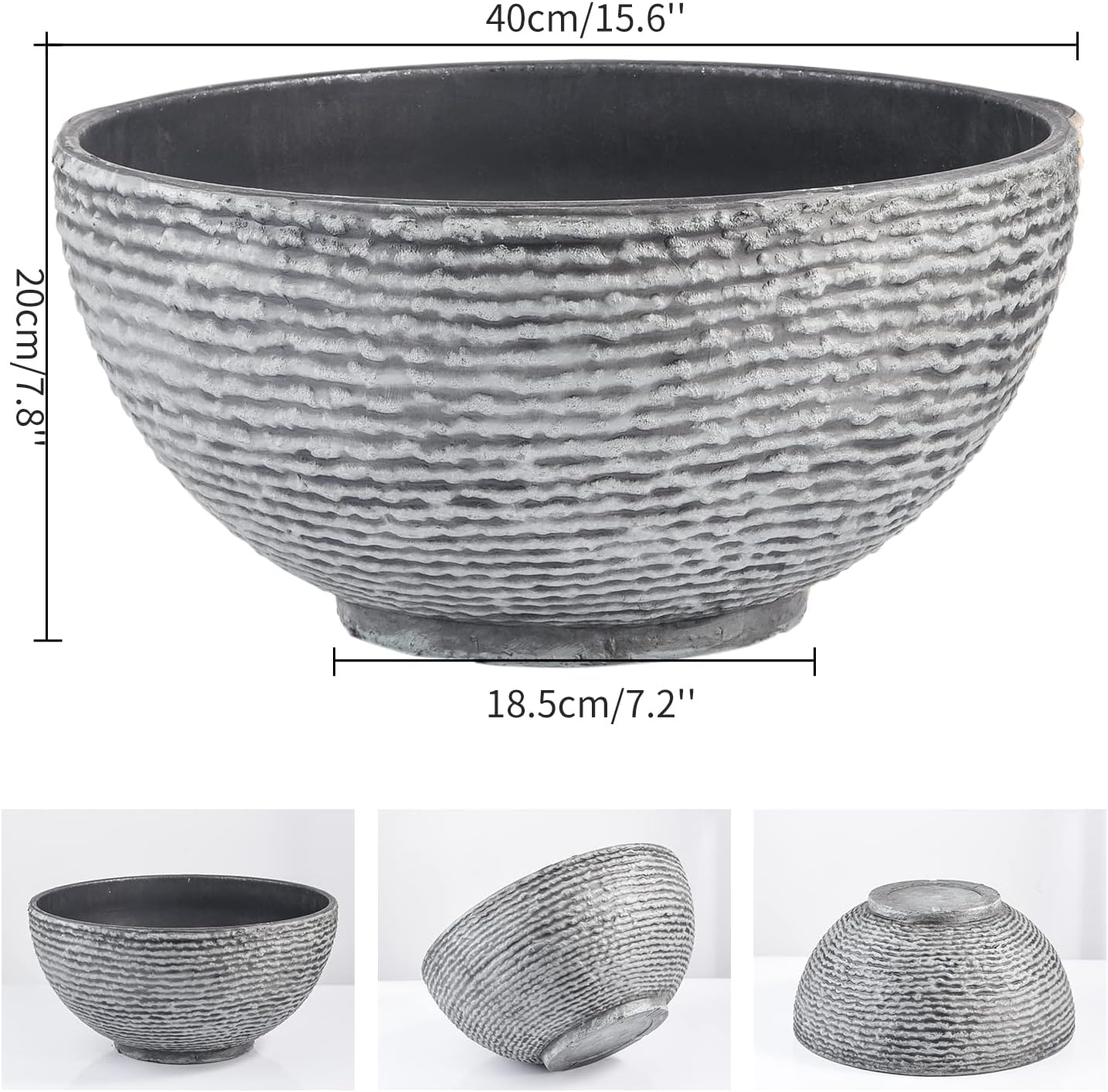 Sungmor Ash Black Resin Outdoor Low Bowl Planter Bird Bath 15.6 Inch Water Lily Succulent Pots Small Fountain Base