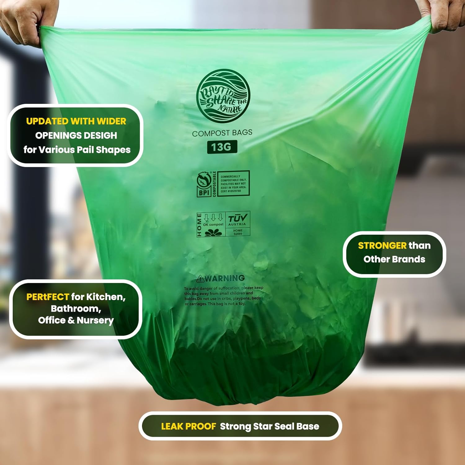 Trash bags 13+ gallon tall kitchen,Compostable Trash Lawn & Leaf Yard Waste Bags,Kitchen Compost Trash Bin Compatible,Extra Thick1.1 Mills,Certified by BPI and OK Compost(50count)
