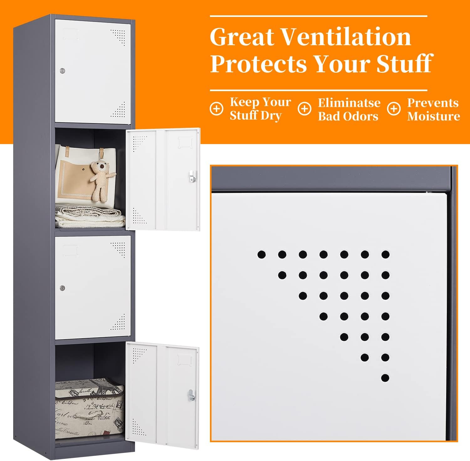 Metal Locker with 4 Doors, 71'' Lockers for Employees Steel Storage Locker, Lockable Locker Cabinet for School, Gym, Home Office and Garage（Grey White） (Rectangular)