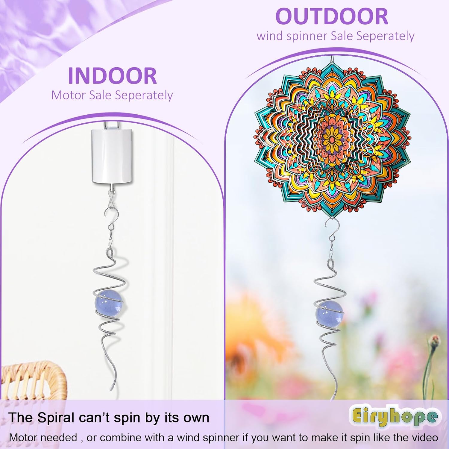 Gazing Ball Spiral Tail, Wind Spinner Stabilizer with Purple Glass Orb | 13-Inch Sun Catcher Rainbow Maker, Mesmerizing Rotating Art for Outdoor Garden Yard | Unique Hanging Decor & Gift