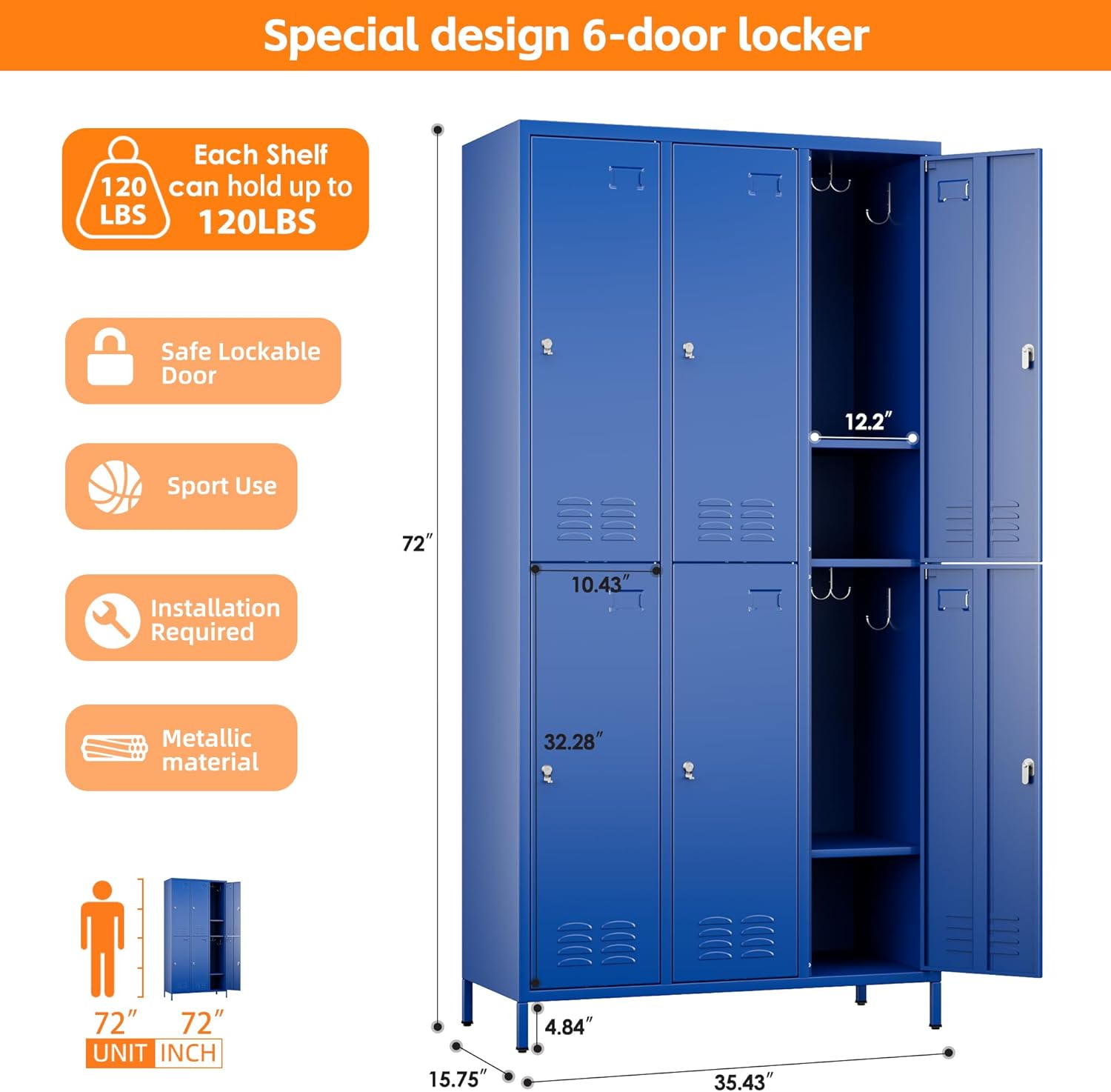 METAN Metal Locker for School Office Gym Bedroom,6 Doors Steel Storage Lockers Cabinet for Employees,Industrial Storage with 1 Shelf,Assembly Required,Blue