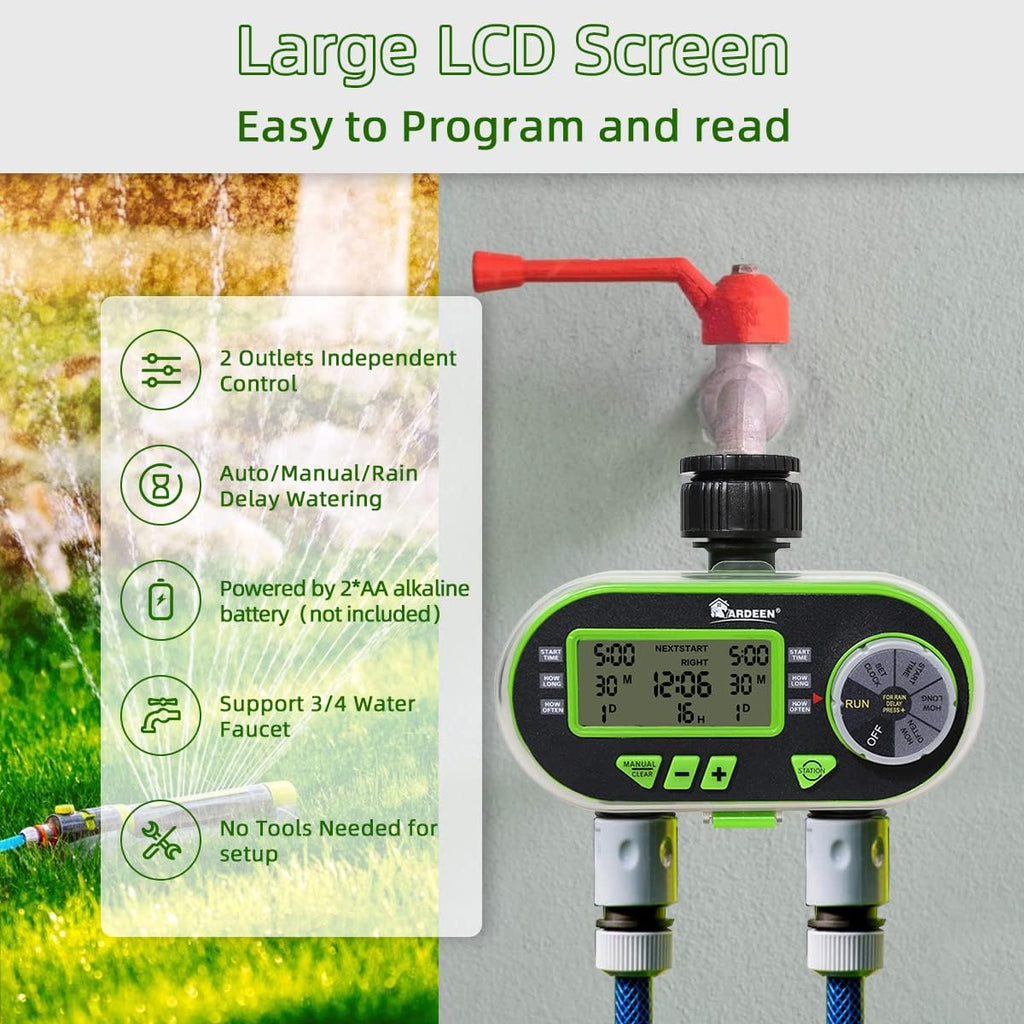 2 Outlet Garden Digital Electronic Water Timer Irrigation Controller for Garden Yard, Green