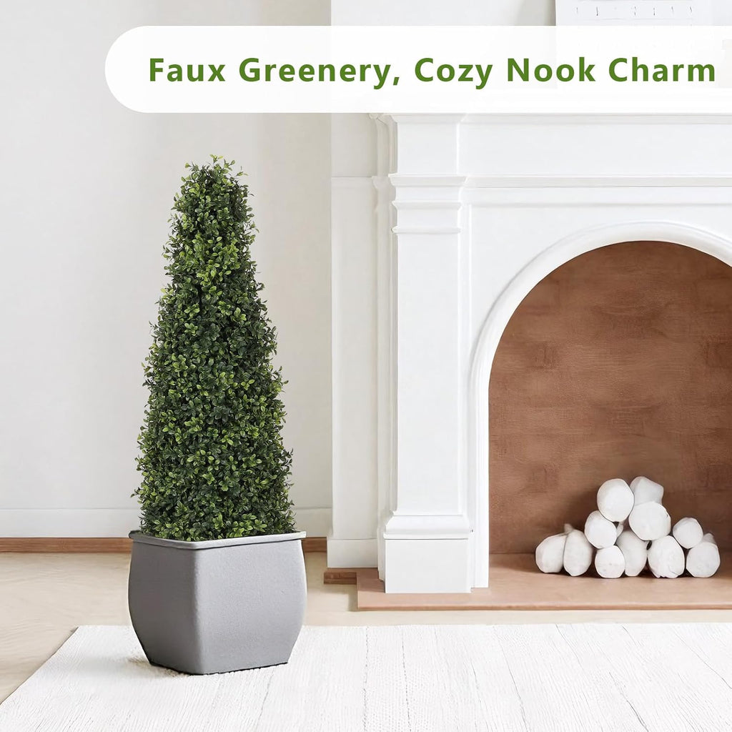 4ft Artificial Boxwood Topiary Trees (Set of 2) - UV Resistant Faux Plants Outdoor, Realistic 48in Fake Potted Bushes and Shrubs for Front Porch, Planter, Patio - Low Maintenance & Evergreen