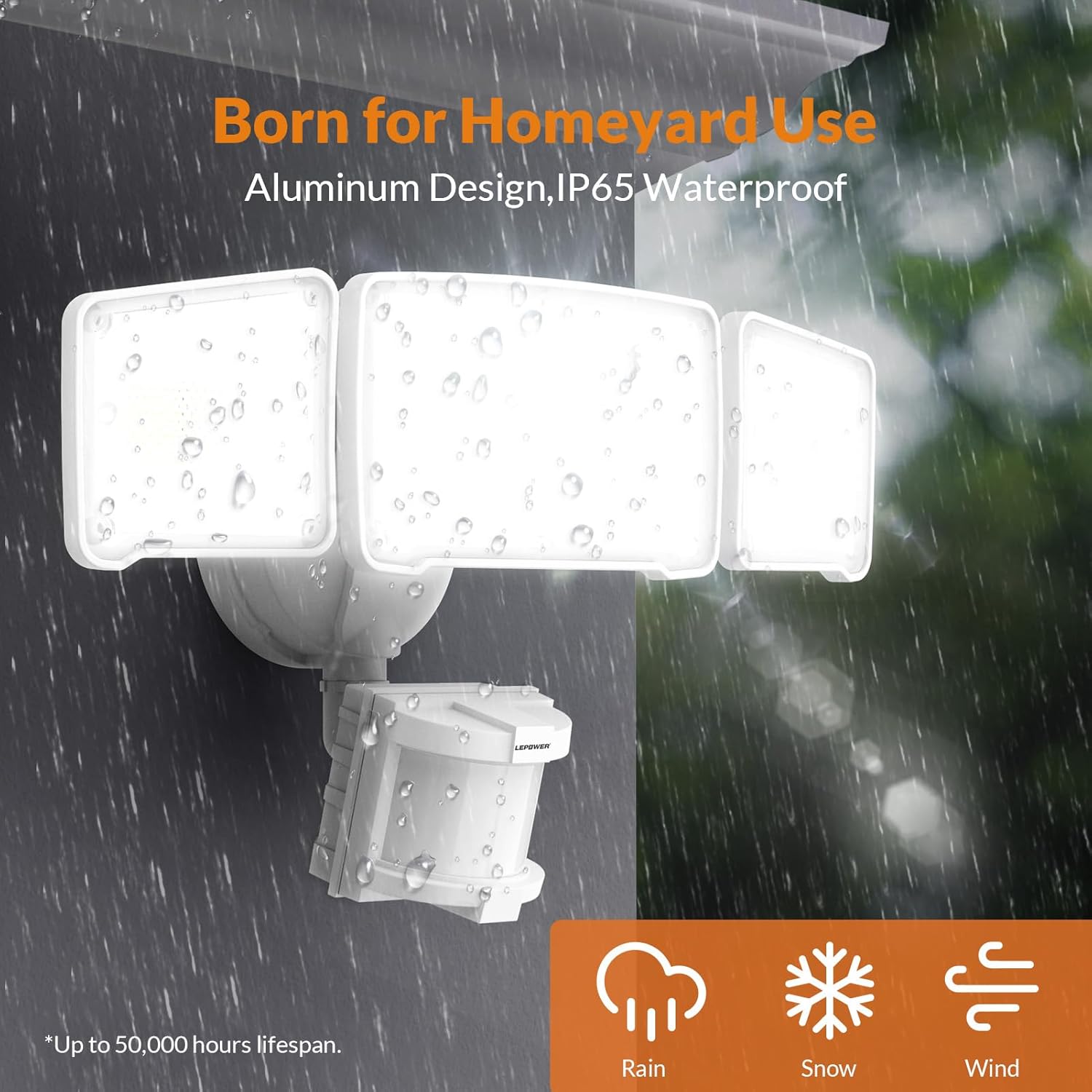 LEPOWER LED Security Lights Motion Sensor Light Outdoor, 38W 4200LM Light, 5500K, IP65 Waterproof, 3 Head Detected Flood Light for Garage, Yard, Porch (White)