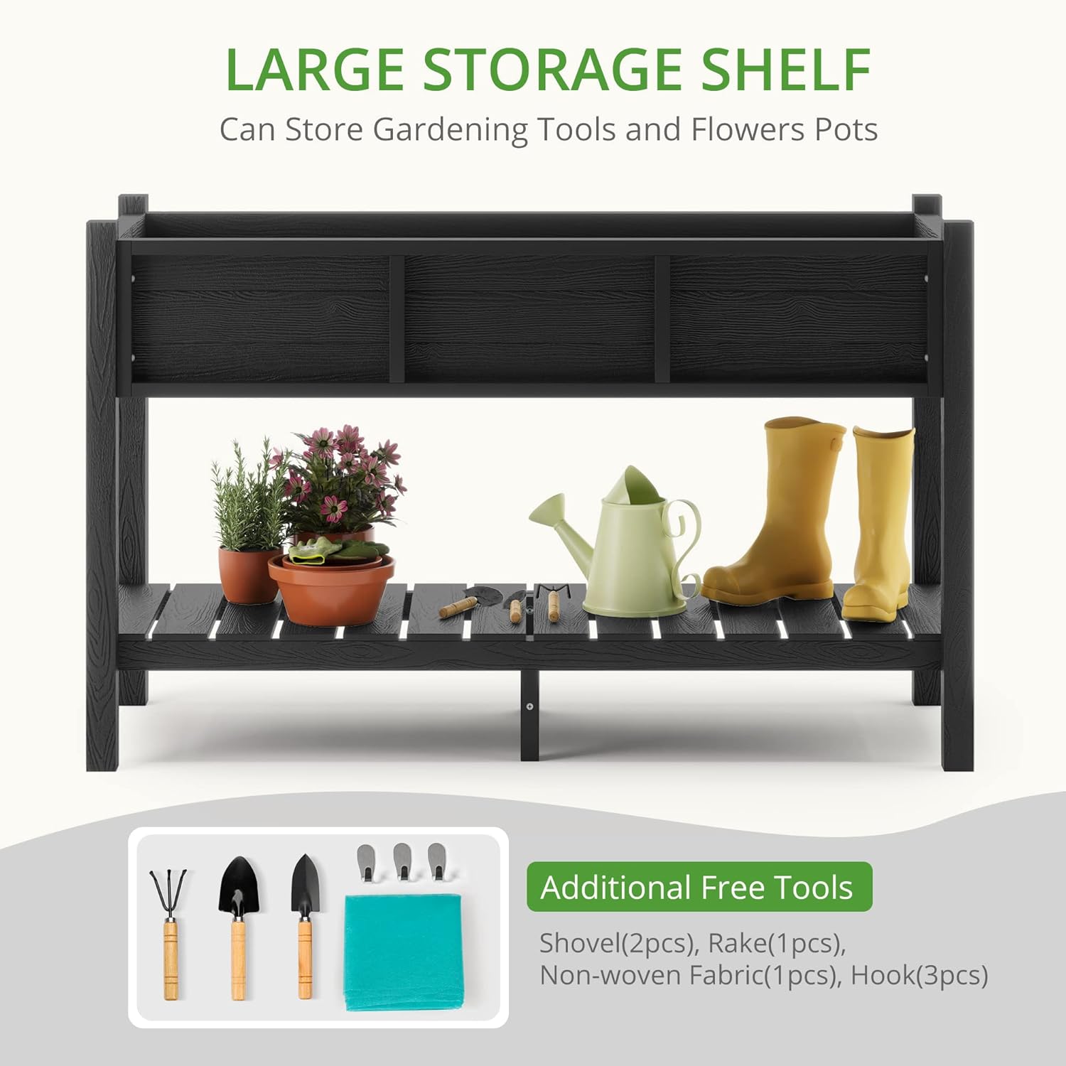 LUE BONA Raised Garden Bed with Tools, 47*18*29 in, Poly Elevated Planter Box with Legs And Storage Shelf, Weather Resistant, 3-Year Warranty, Standing Growing Bed Herb Planter for Vegetable, Black