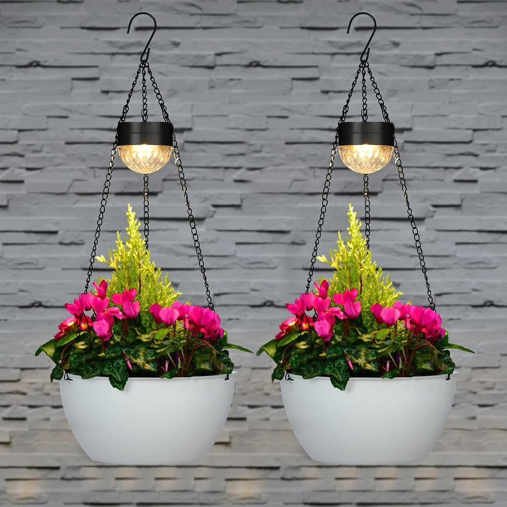 2 Packs Solar Hanging Basket Planters for Plants Outdoor, Self Watering White Flower Plants Pots with Solar Light Drainer for Balcony Patio Garden Outdoor Decoration