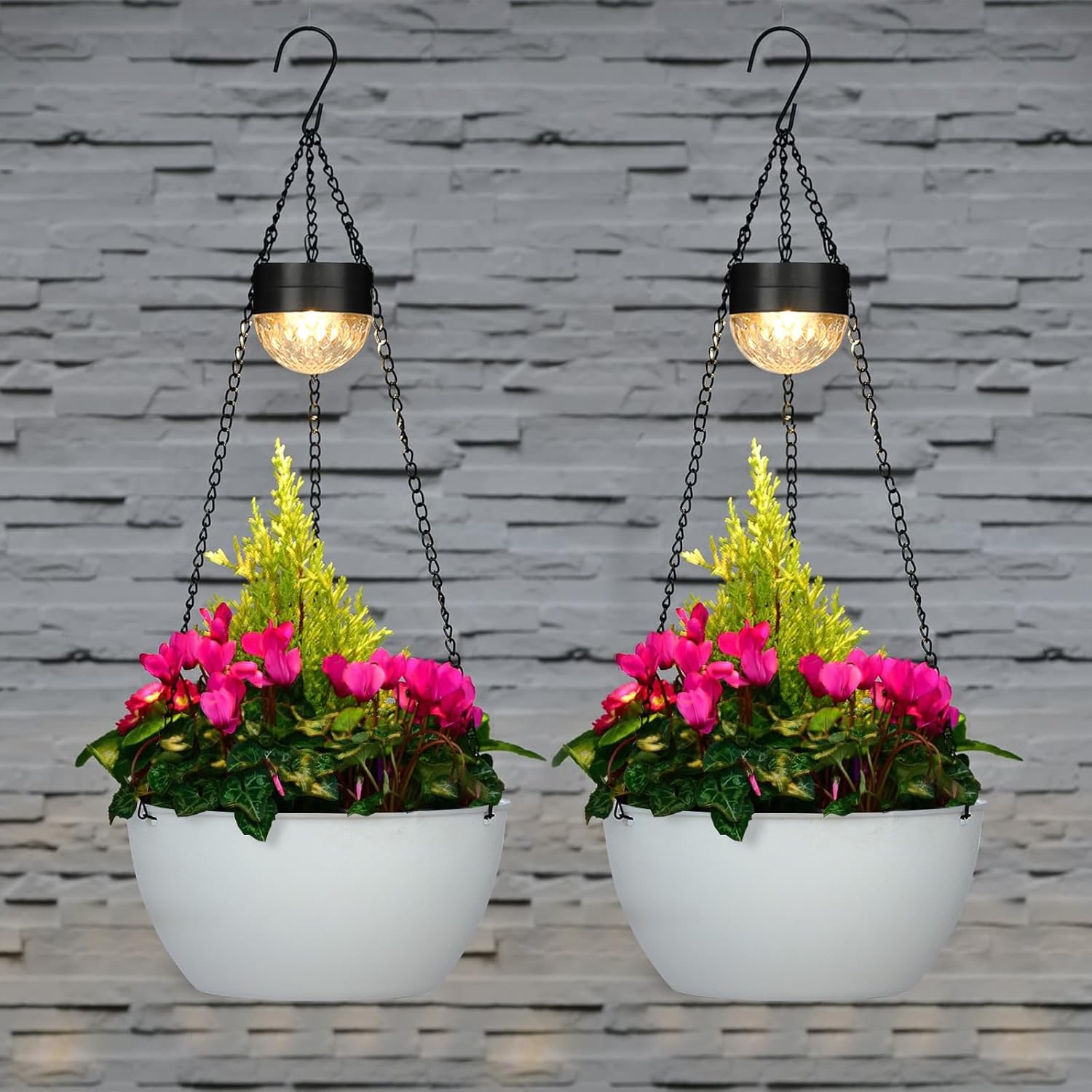 2 Packs Solar Hanging Basket Planters for Plants Outdoor, Self Watering White Flower Plants Pots with Solar Light Drainer for Balcony Patio Garden Outdoor Decoration