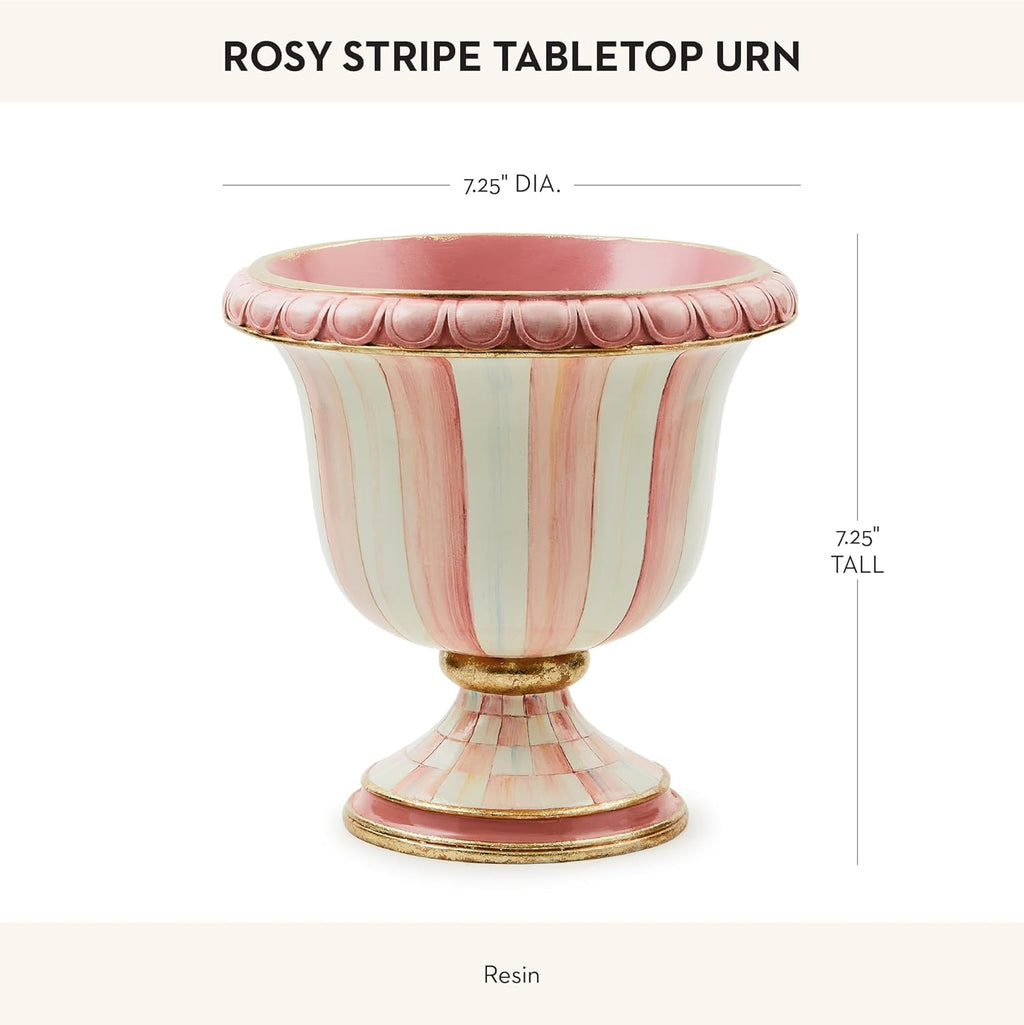 MACKENZIE-CHILDS Pedestal Tabletop Urn, Decorative Centerpiece for Table, Mantel, or Shelf, Small, Pink-and-White Rosy Stripe