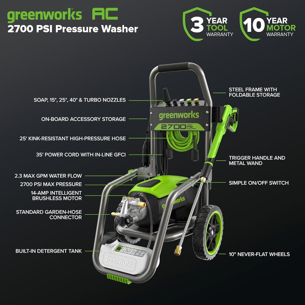 Greenworks Pro Brushless 2700 PSI (CSA Certified) 2.3 GPM Max / 1.2 GPM Electric Pressure Washer (Foldable Handles, Rugged Steel Frame, 25 FT Hose, 35 FT GFCI Power Cord)