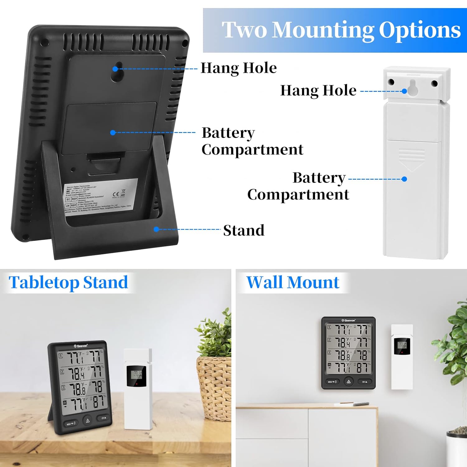 Geevon Indoor Outdoor Thermometer Wireless with 3 Remote Sensors, Digital Hygrometer Thermometer, Wireless Temperature Humidity Monitor Gauge with 200FT/60M Range (Black)