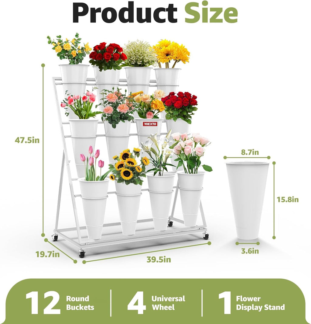 Flower Display Stand 3 Layers with 12 PCS Round Buckets, Plant Stand with Wheels, Movable Metal Plant Stand for Terrace Garden, Florist Shop
