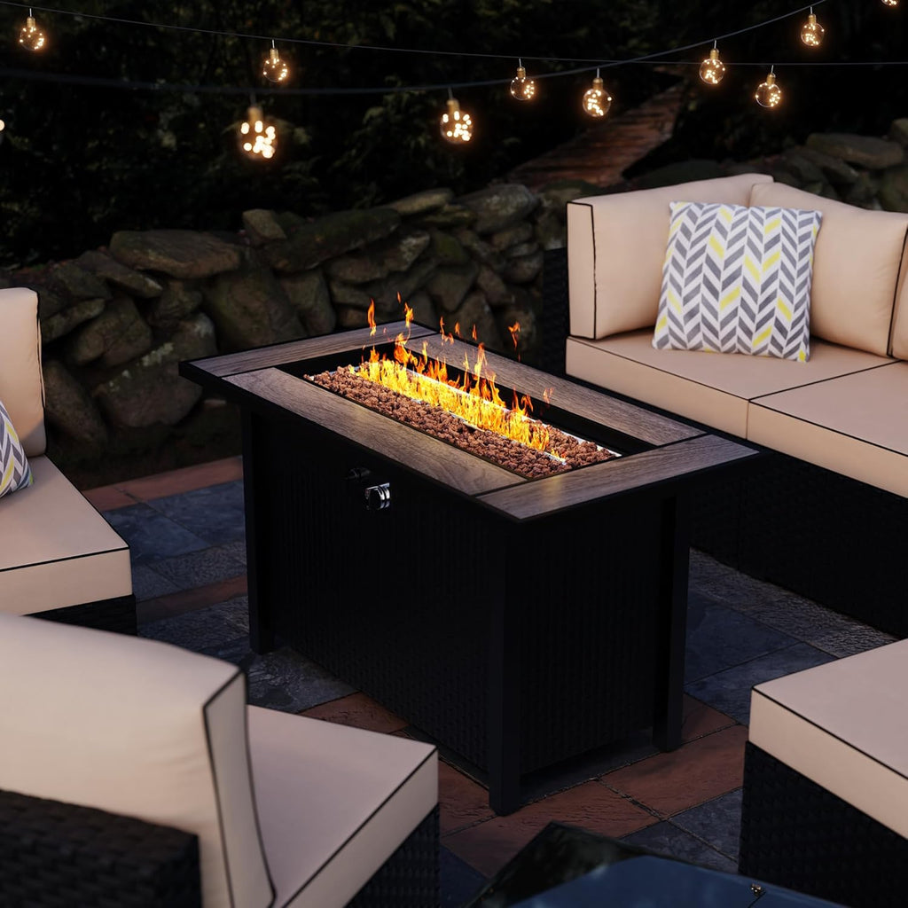 Meilocar 45in Fire Table, Propane Fire Pit with Red Lava Rocks and Rain Cover, Outdoor Firepit Table with Tile Top 50000 BTU 2-in-1 Fire Table for Patio/Yard/Balcony, Gray Tabletop