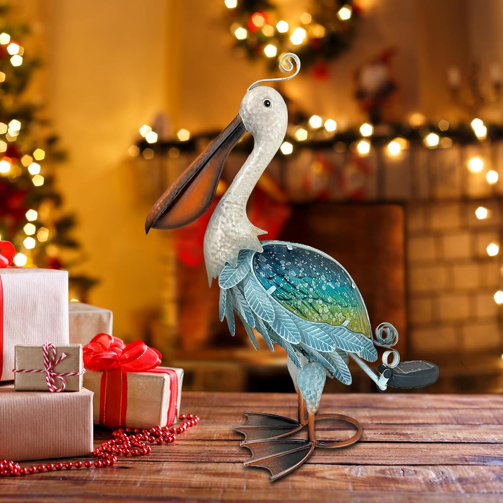 HONGLAND Solar Metal Pelican Statues Garden Sculpture & Statues, 19 Inch Glass Outdoor Pelican Yard Art Coastal Ocean Bird Decor Lawn Ornament for Backyard Porch Patio Decor（Blue-Green）